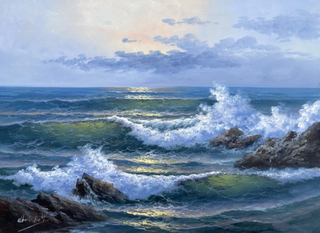 Cuadro al óleo de un atardecer sobre el mar con olas rompiendo en las rocas, óleo figurativo