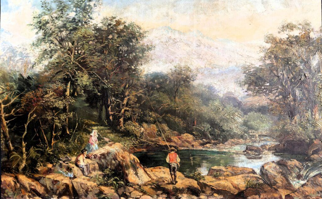 Cuadro al óleo de un pescador y su familia a la orilla de un río, óleo figurativo