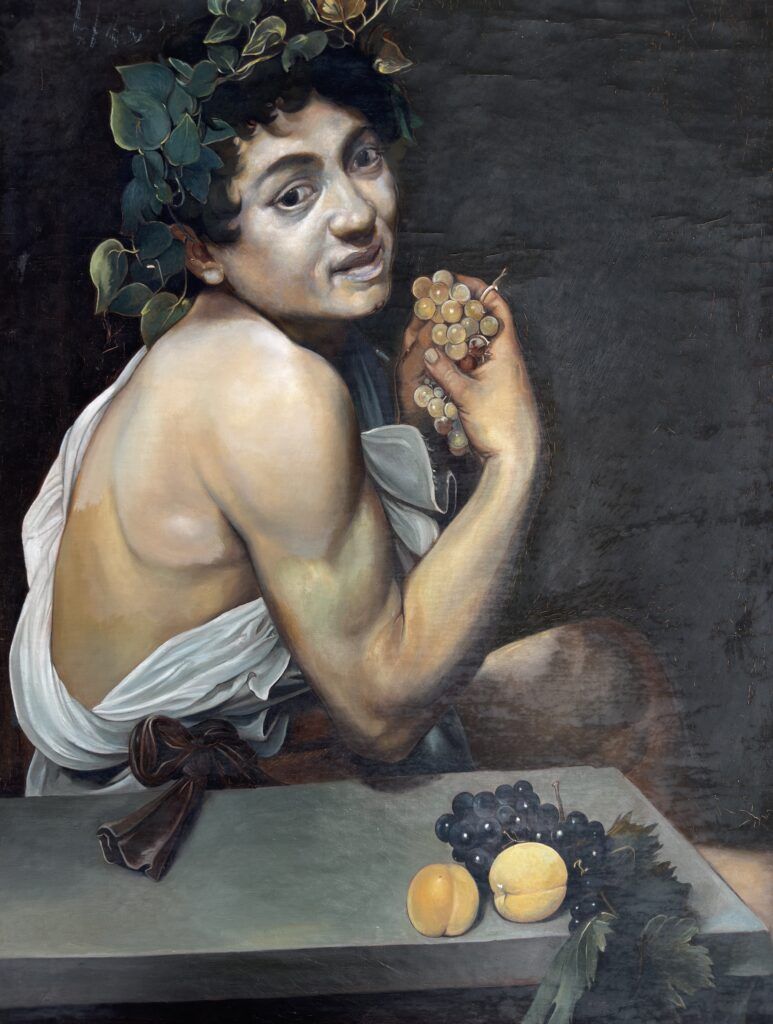 Reproducción de Caravaggio, Baco enfermo, con uvas en la mano y mirada perdida, óleo figurativo