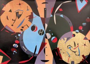 Representación de dos esferas, alegoría de dos mundos, separados por dos conos gouache sobre papel abstracto