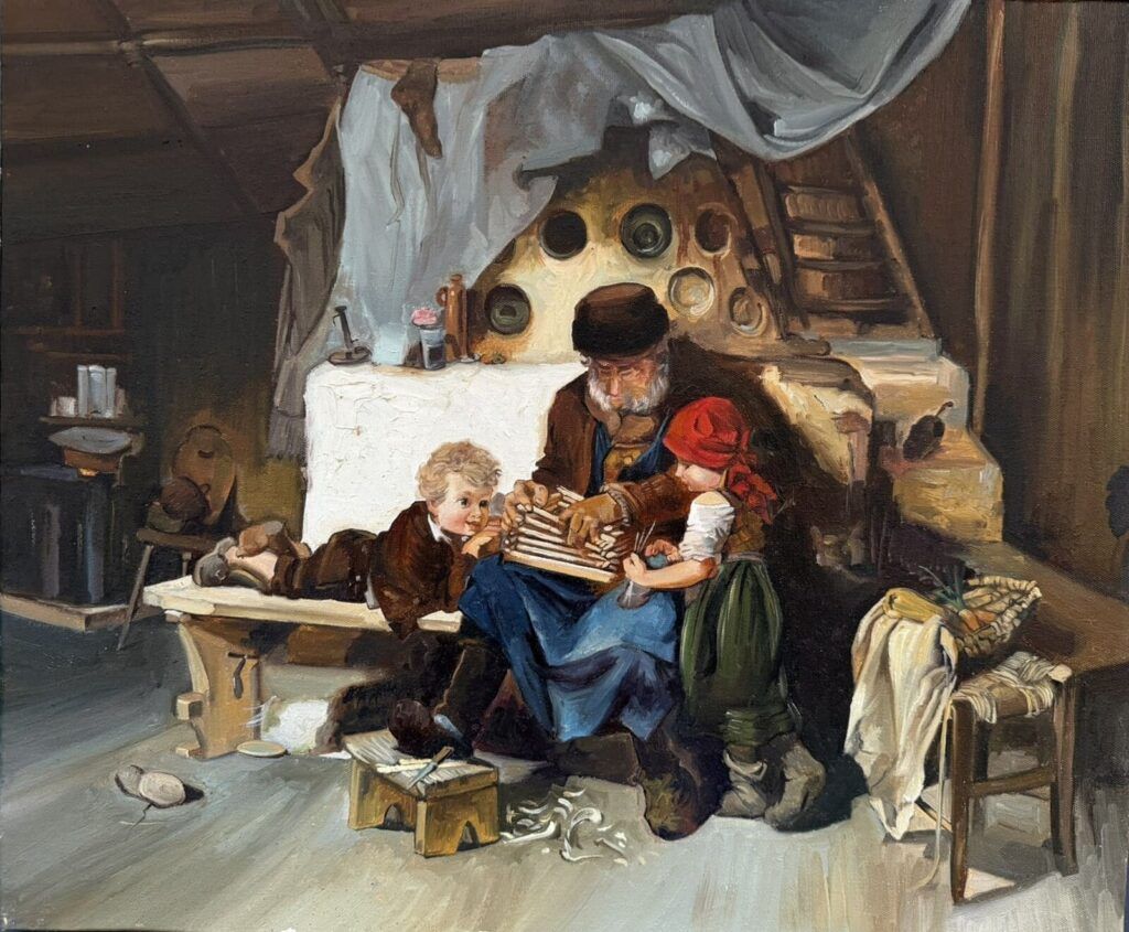 Escena costumbrista de un abuelo con sus nietos, enseñándoles unos libros, en en desván. óleo figurativo