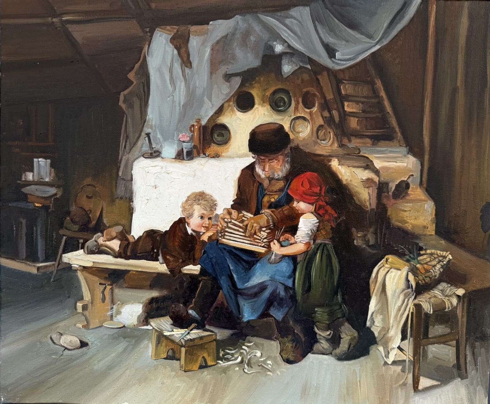 Un abuelo con sus dos nietos, escena costumbrista, óleo figurativo
