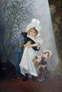 Una niña con un perrito y sus muñecas, de inspiración romántica, óleo figurativo