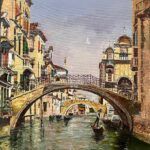 Vista de Venezia, con puentes sobre un canal y góndolas, óleo figurativo