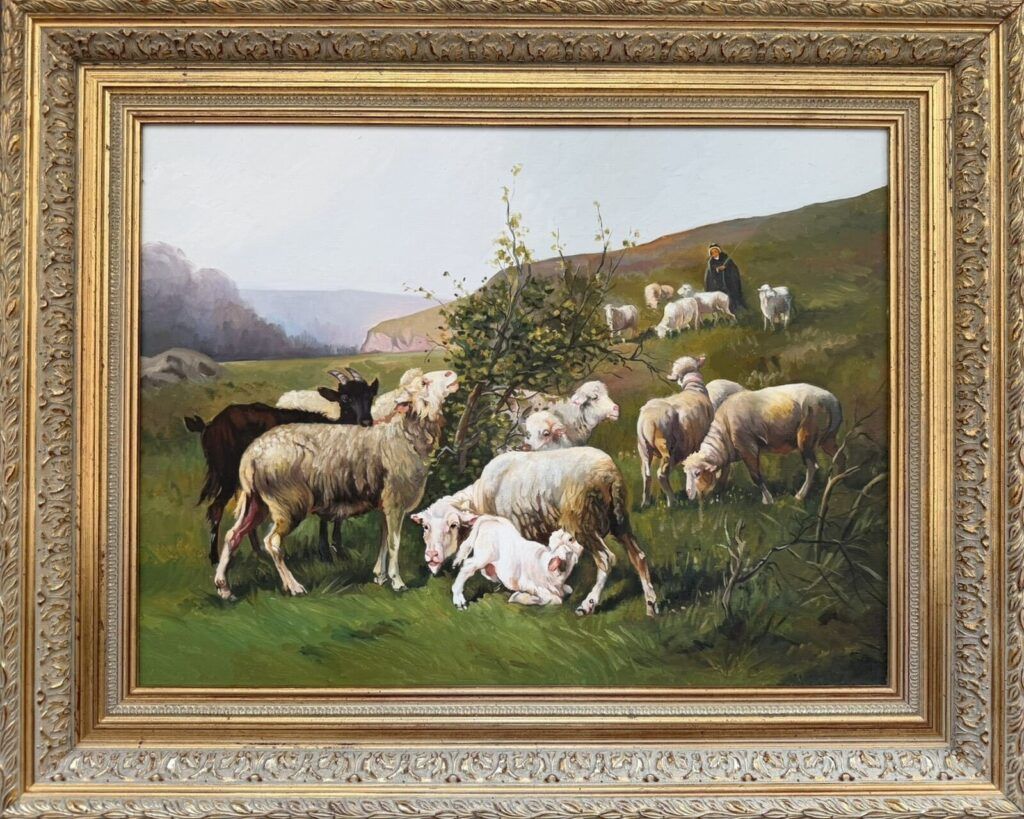 Rebaño de corderos, pastando, con pastor al fondo, óleo figurativo