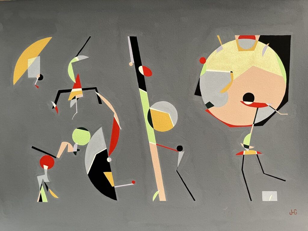 Figuras delicadas, con círculos, medias lunas y segmentos de diferentes tamaños, gouache sobre papel abstracto