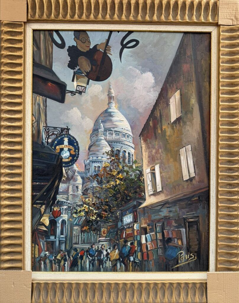 Vista de Paris, en el barrio de Montmartre, con Sacré Coeur al fondo y una enseña en primer plano, óleo figurativo