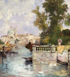 Óleo sobre lienzo, vista de un canal de Venezia, de inspiración romántica, óleo figurativo