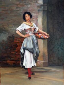 Mujer con bandeja de flores frescas recién conrtadas en el jardín. De inspiración romántica retro, óleo figurativo