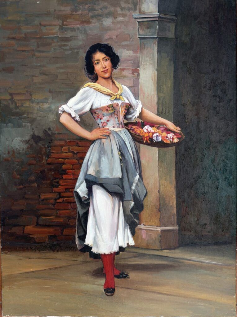 Mujer con bandeja de flores frescas recién conrtadas en el jardín. De inspiración romántica retro, óleo figurativo