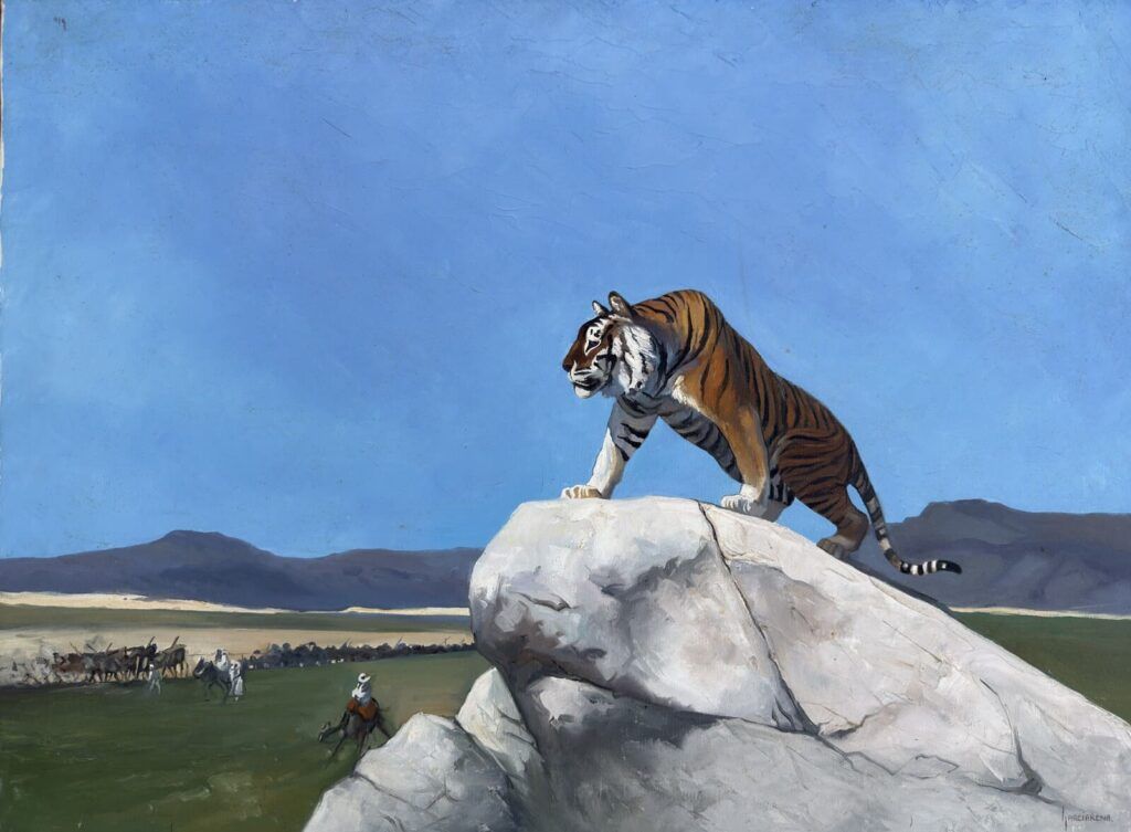 Un tigre, al acecho, sobre una roca, divisando una caravana a lo lejos, óleo figurativo