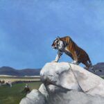 Un tigre, al acecho, sobre una roca, divisando una caravana a lo lejos, óleo figurativo