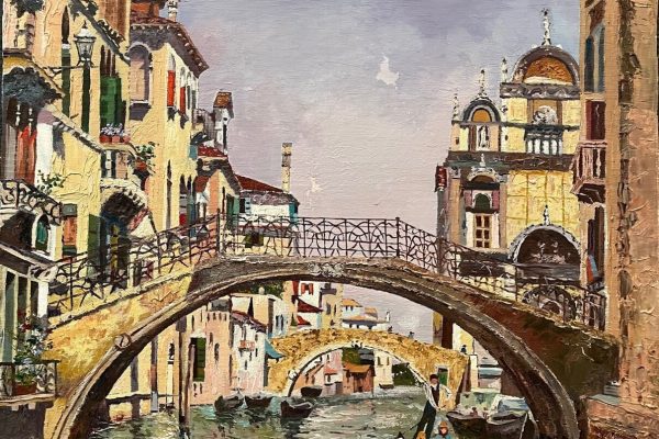 Vista de Venezia, con puentes sobre un canal y góndolas, óleo figurativo